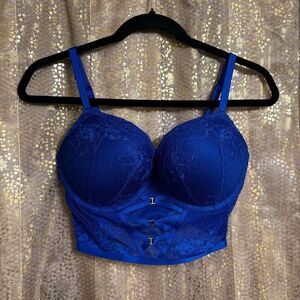 Victorias Secret Royal Blue Lace Corset Bombshell Plunge Push Up Bra 34D
